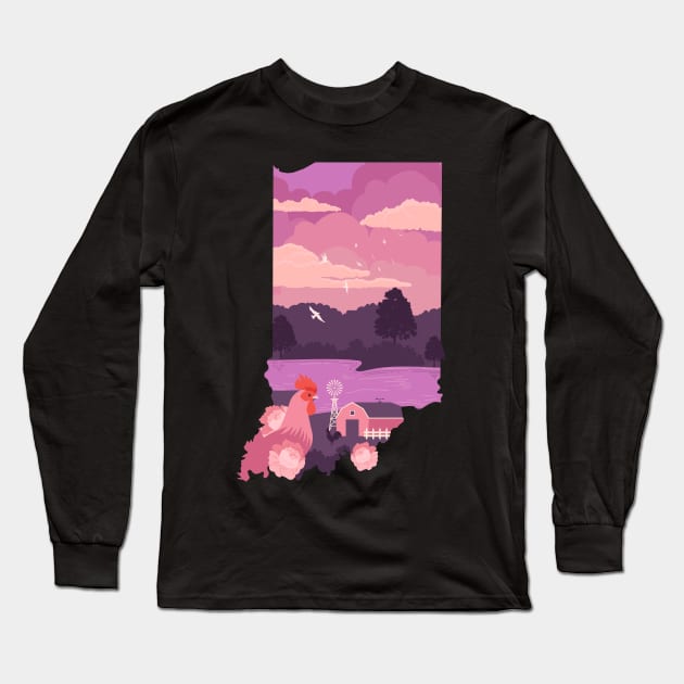 Indiana USA illustration featuring a lake and a farm with a barn, windmill and chicken Long Sleeve T-Shirt by keeplooping